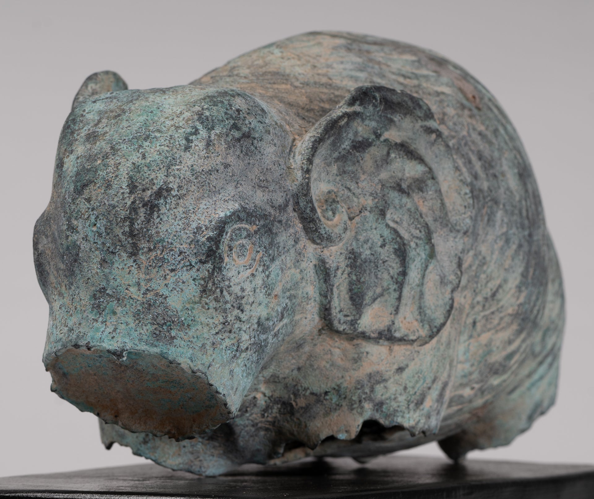 Antique Khmer Style Verdigris Bronze Abstract Elephant Statue - 21cm/8.5"