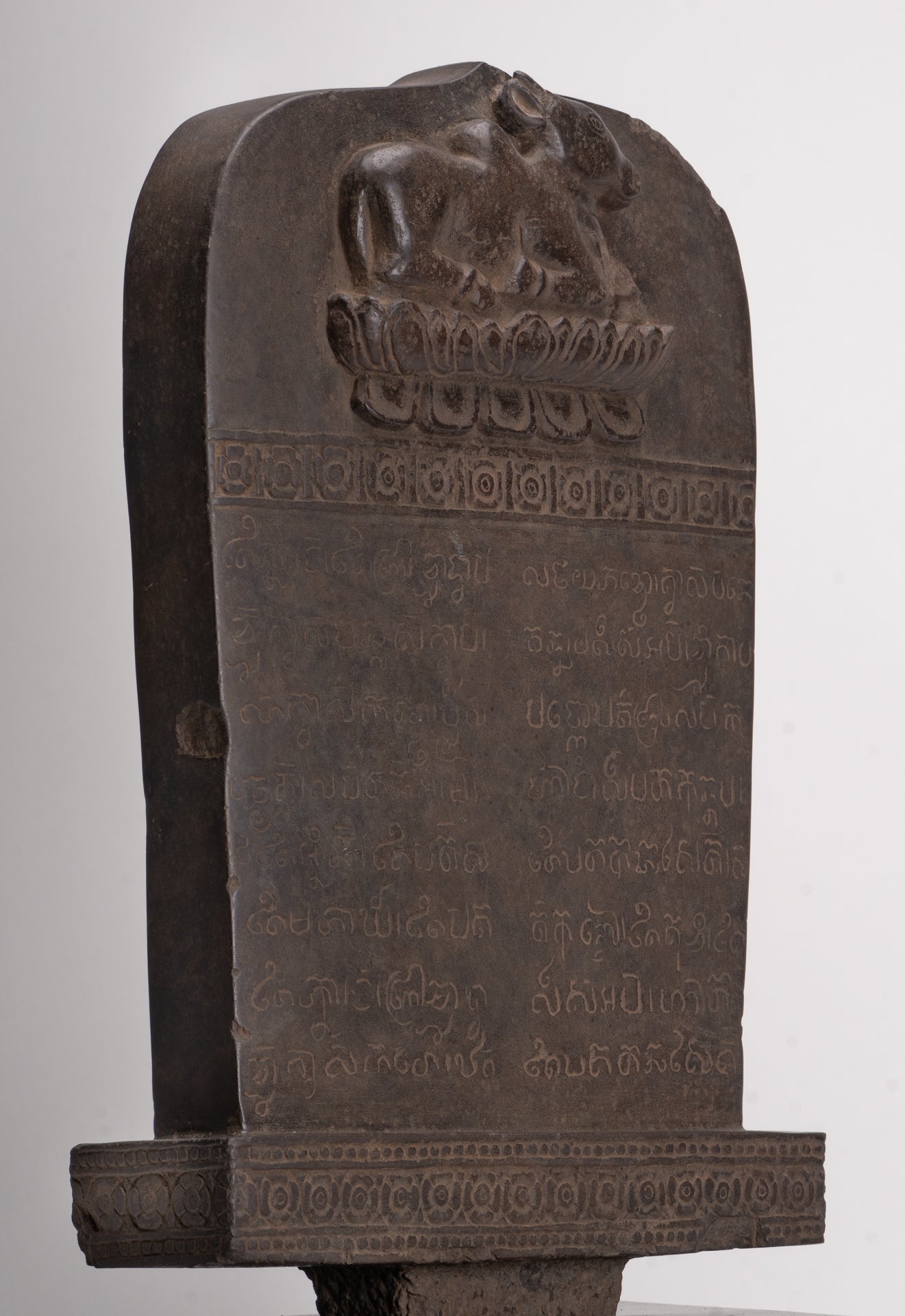 Antique Khmer Style Stone Sanskrit Stele with Nandi - 54cm / 22"