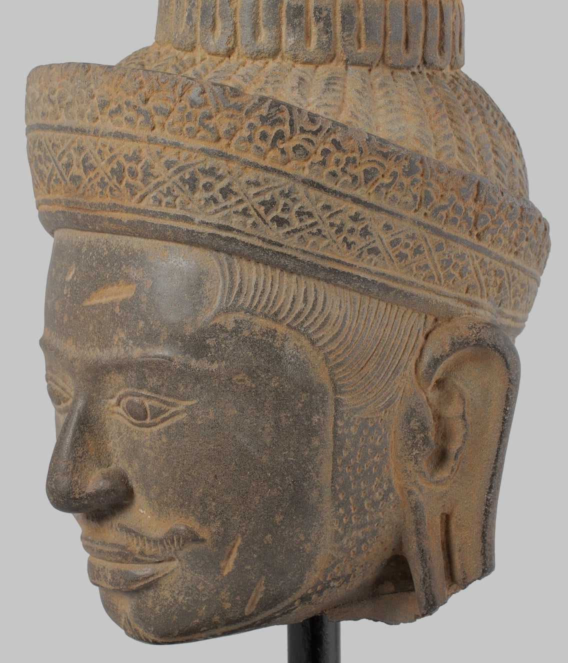 Antique Koh Ker Style Stone Mounted Khmer Vishnu Head - 28cm / 11"