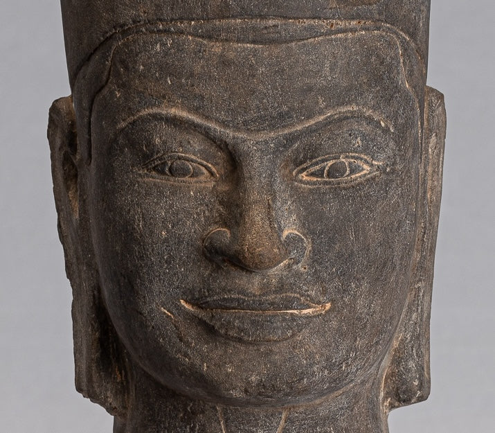 Vishnu Statue - Antique Phnom Da Style Stone Mounted Vishnu Head - 37cm/15"