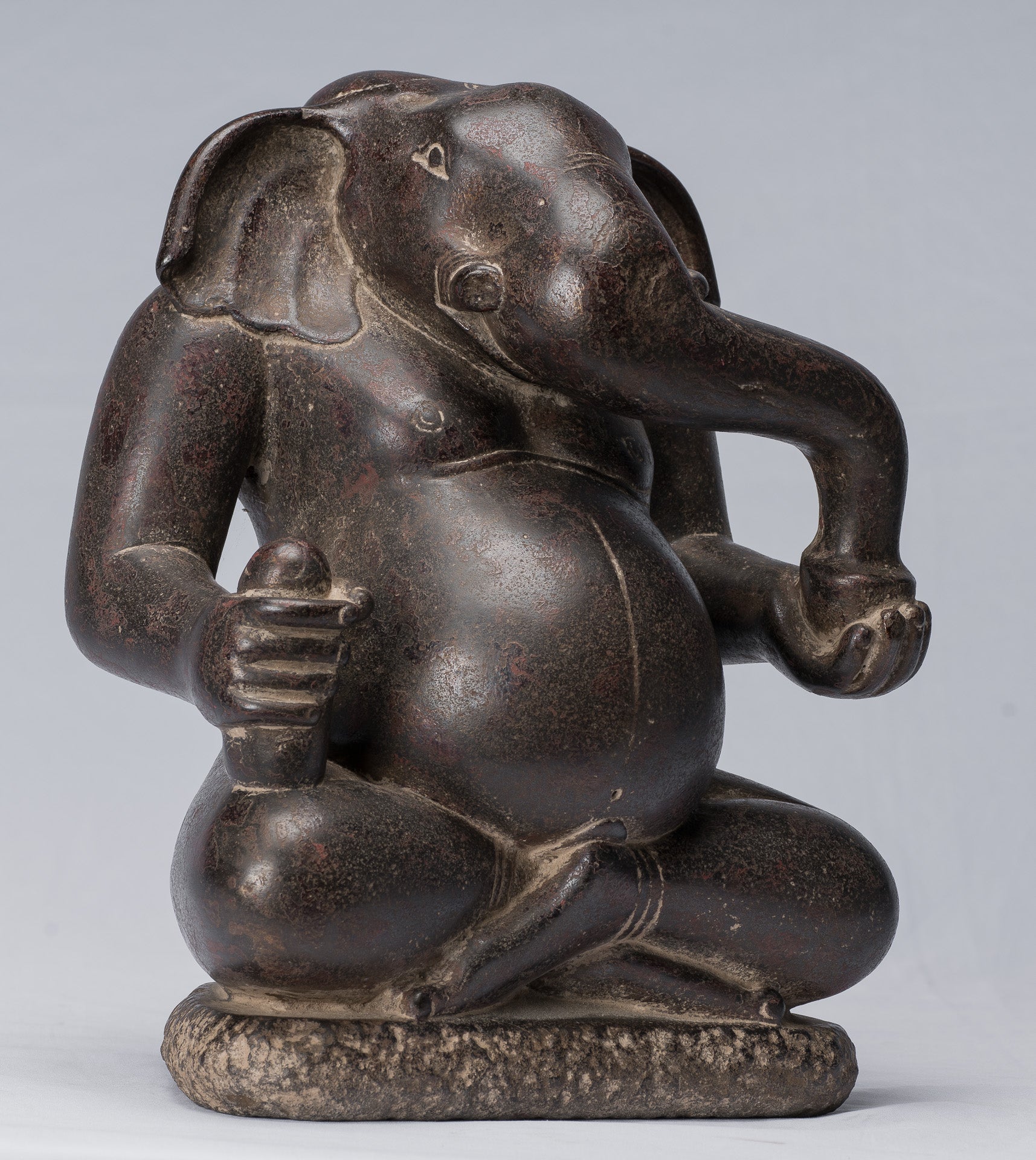 Antique Cham Style Vietnamese Seated Stone Ganesha Statue - 31cm/12"