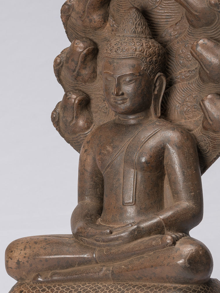Statue di Buddha - Antique Angkor Wat Style Khmer Stone seduto Meditazione Naga Buddha - 56 cm/22 "