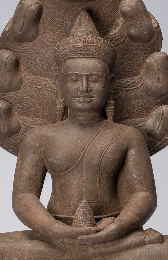 Buddha Statue - Antique Bayon Style Khmer Stone Seated Naga Meditation Buddha - 67cm/27"