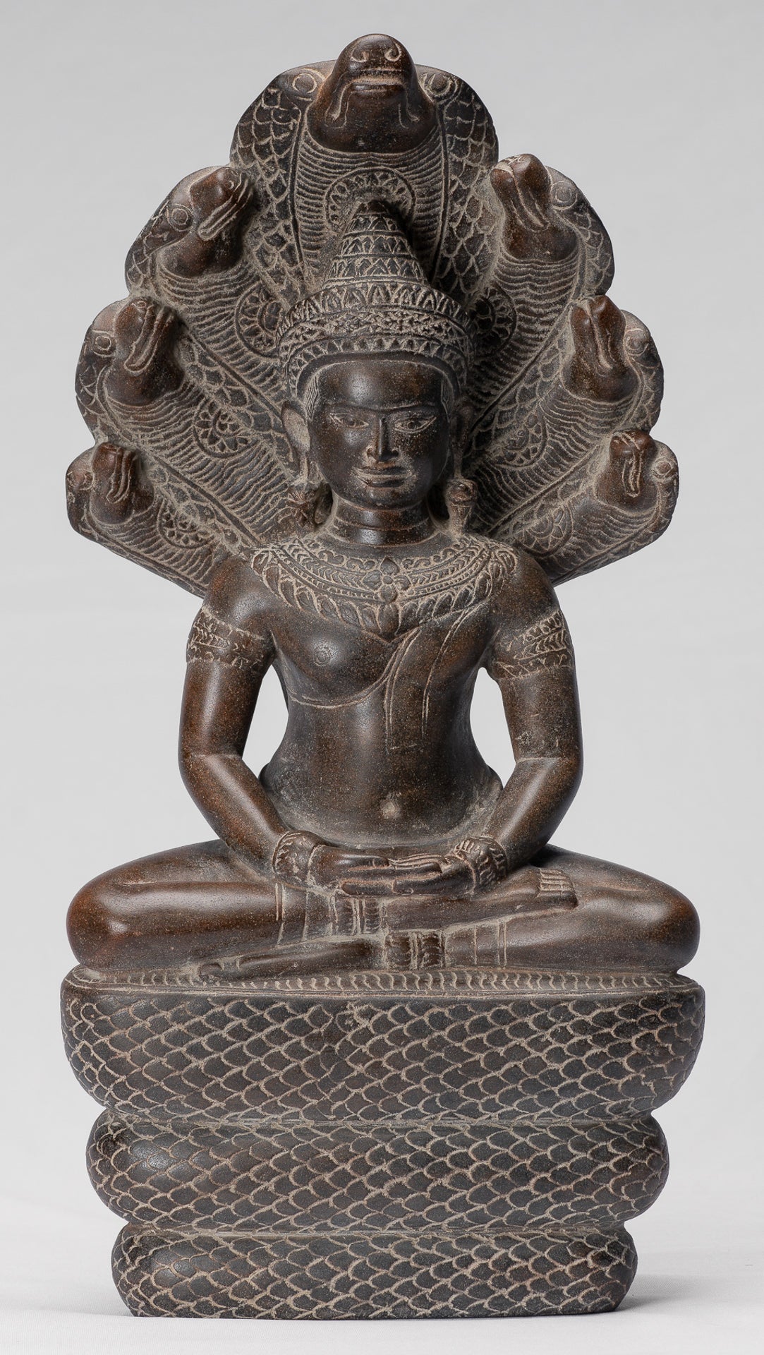 Buddha Statue - Antique Bayon Style Khmer Stone Seated Naga Meditation Buddha - 38cm/15"