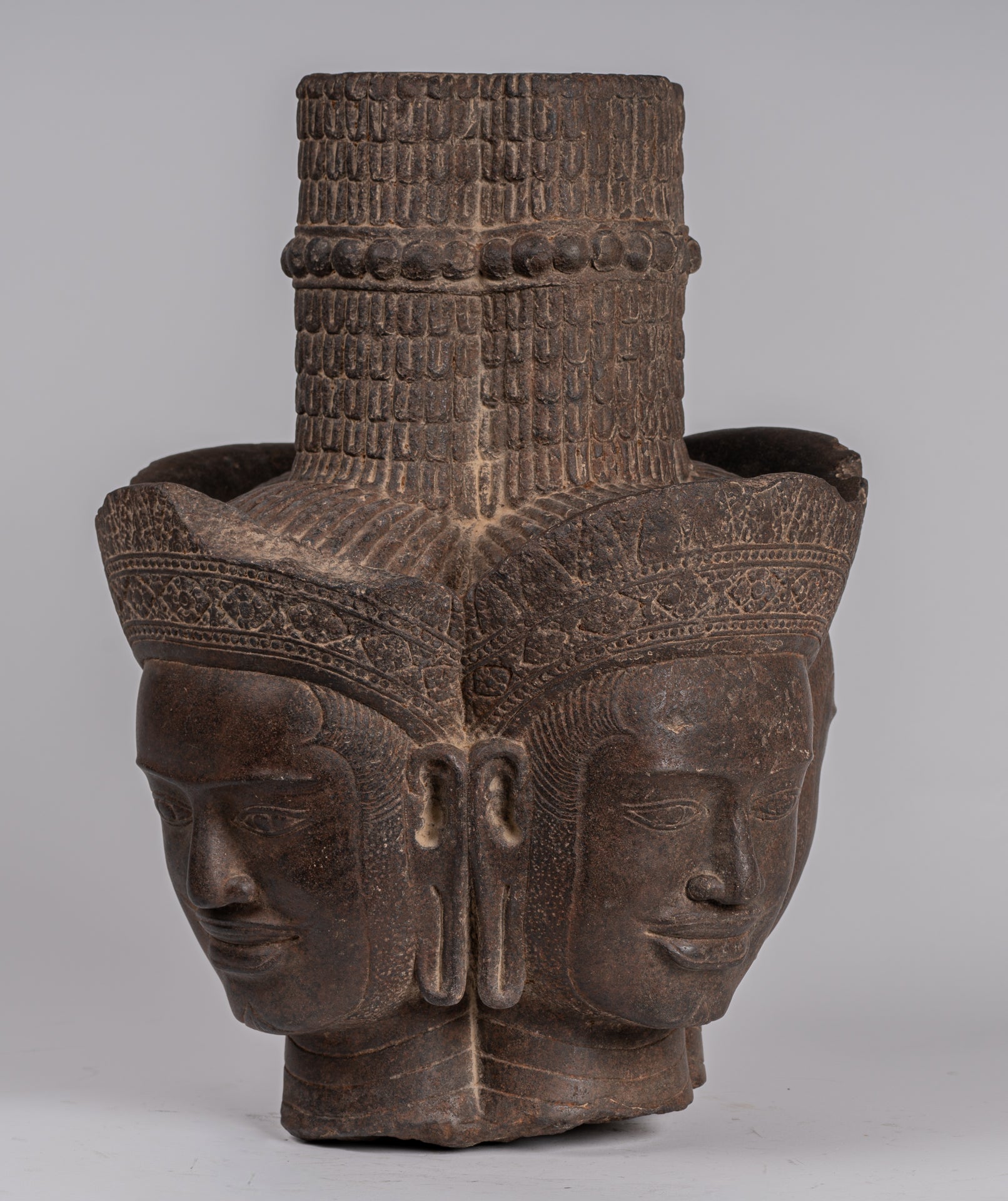 Brahma Statue - Antique Khmer Style Koh Ker Stone Brahma Head - Hindu God Creation - 42cm/17"