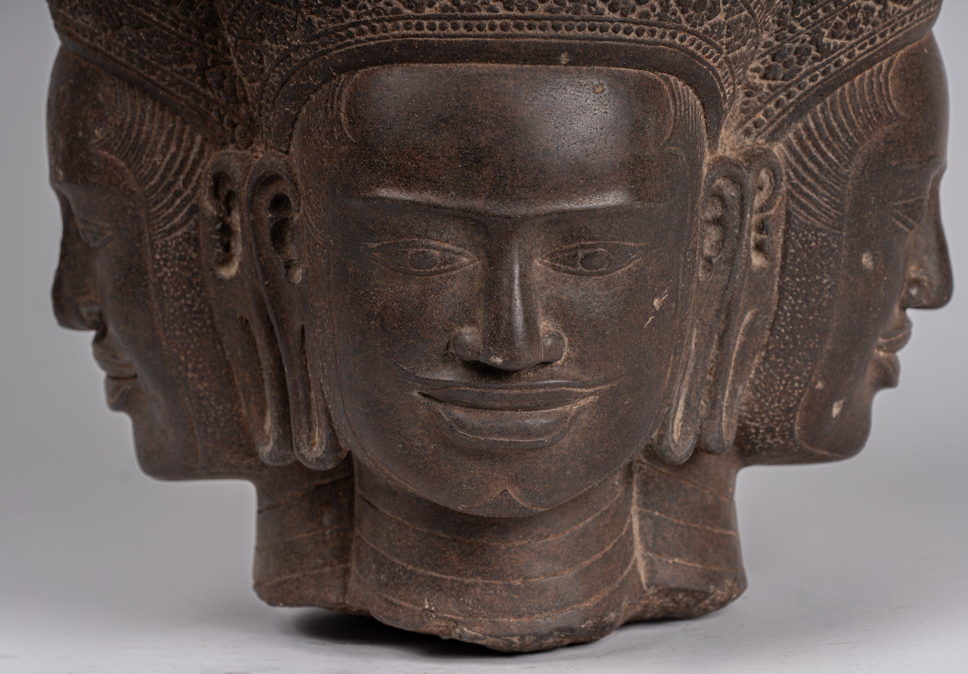 Brahma Statue - Antique Khmer Style Koh Ker Stone Brahma Head - Hindu God Creation - 42cm/17"