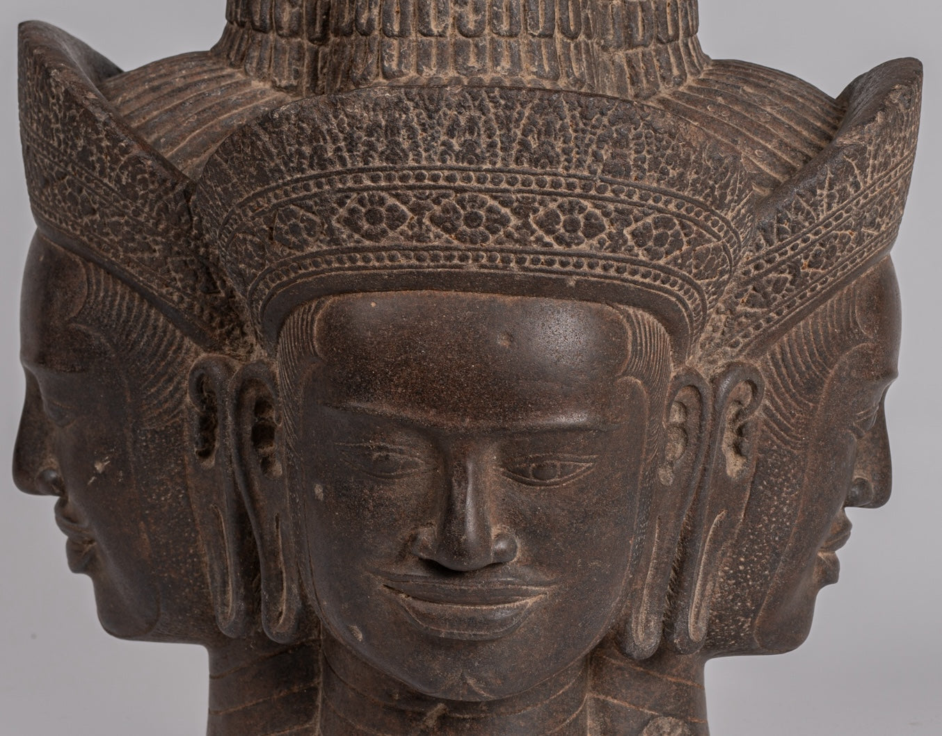 Brahma Statue - Antique Khmer Style Koh Ker Stone Brahma Head - Hindu God Creation - 42cm/17"