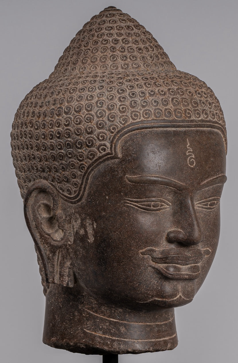 Shiva Statue - Antique Khmer Style Brown Stone Shiva Head Statue - The Destroyer - 52cm/21"