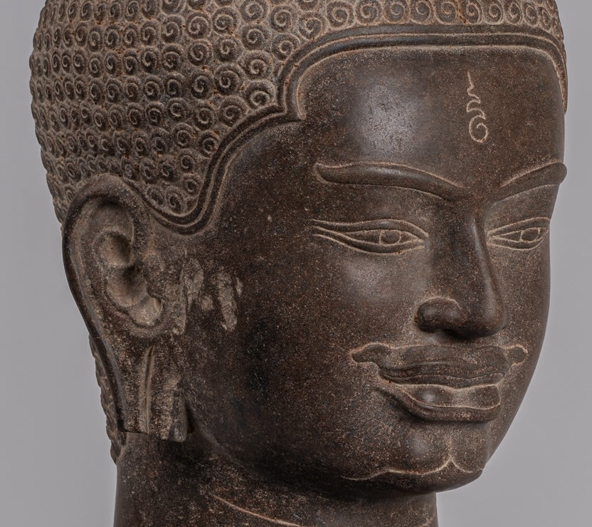 Shiva Statue - Antique Khmer Style Brown Stone Shiva Head Statue - The Destroyer - 52cm/21"