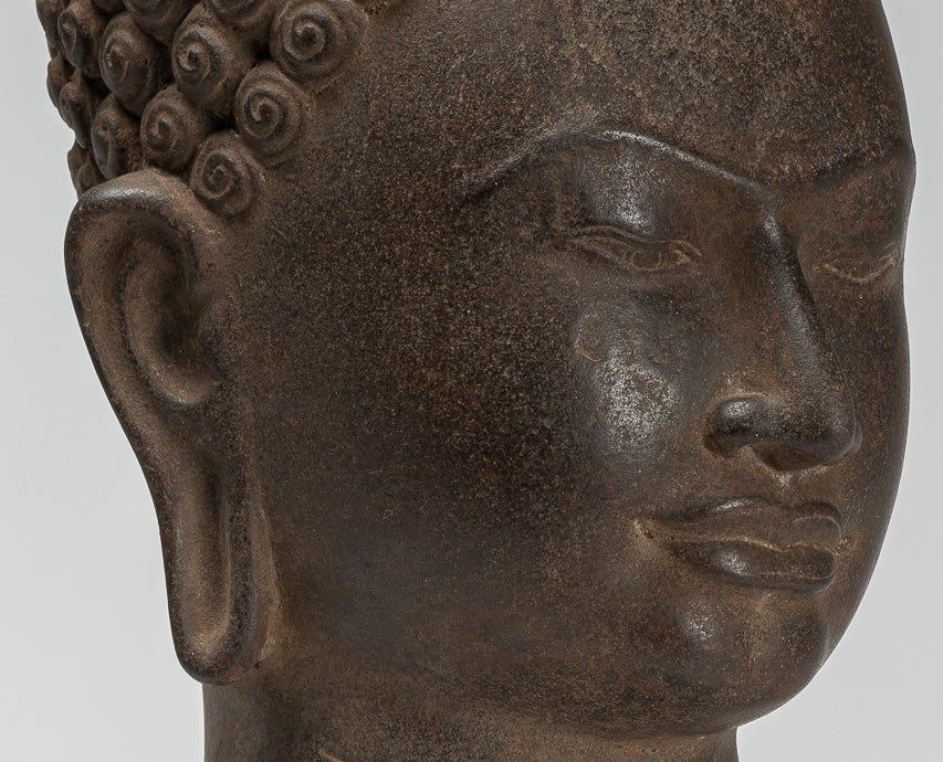 Buddha Statue - Antique Dvaravati Style Thai Stone Buddha Head Statue - 41cm/16"