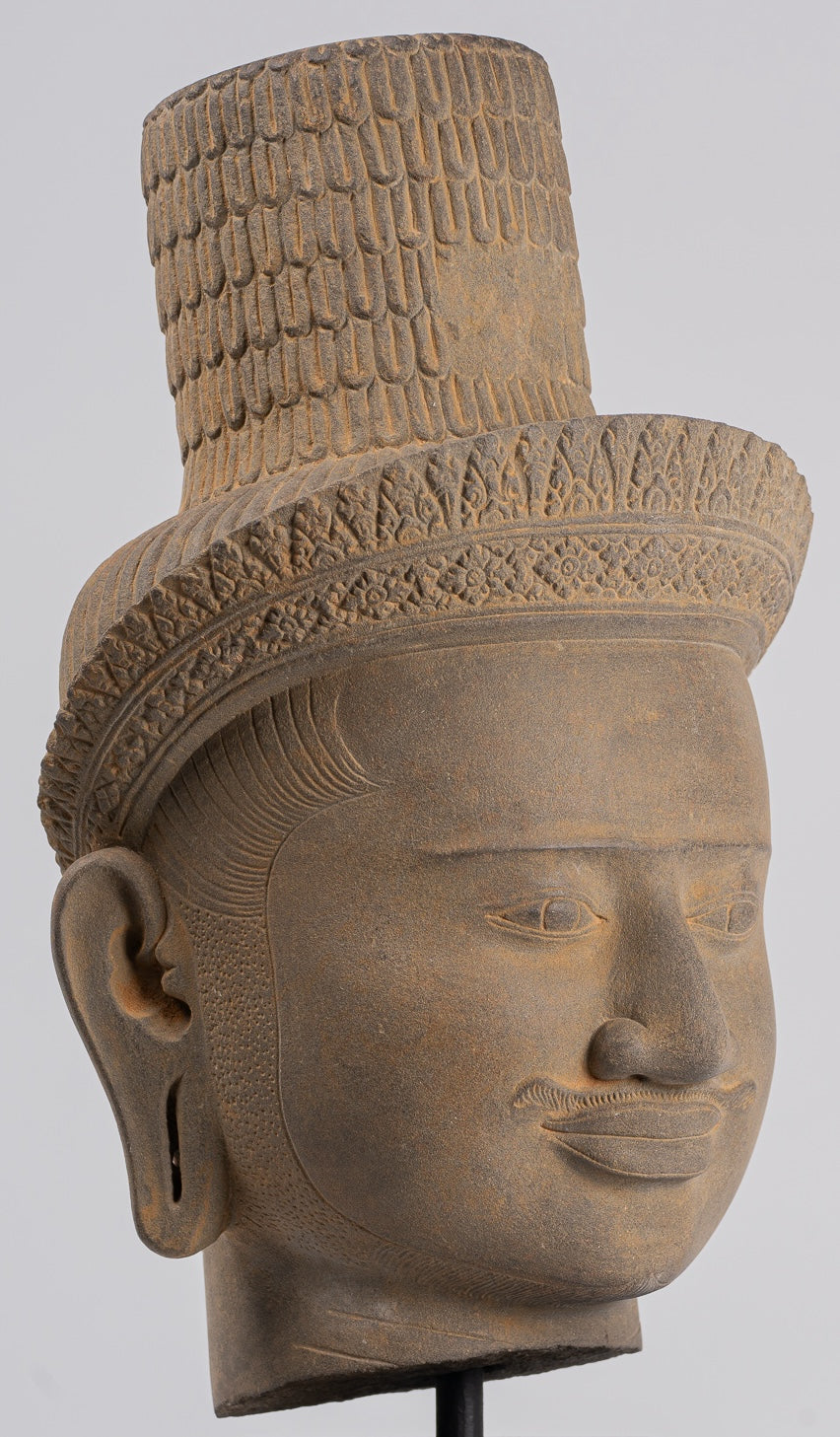 Vishnu Statue - Antique Koh Ker Style Stone Mounted Khmer Vishnu Head - 43cm / 17"