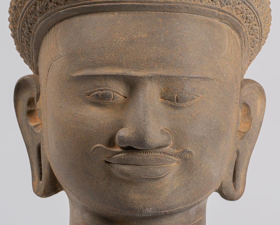 Vishnu Statue - Antique Koh Ker Style Stone Mounted Khmer Vishnu Head - 43cm / 17"