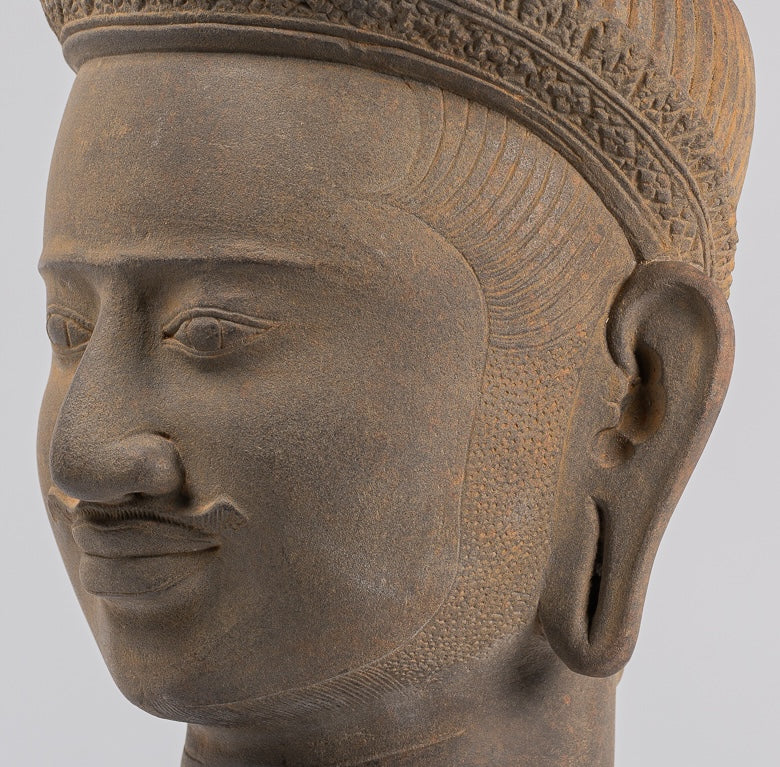 Vishnu Statue - Antique Koh Ker Style Stone Mounted Khmer Vishnu Head - 43cm / 17"