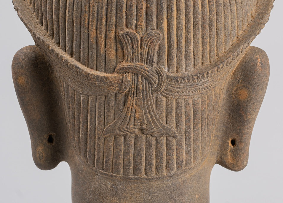 Vishnu Statue - Antique Koh Ker Style Stone Mounted Khmer Vishnu Head - 43cm / 17"