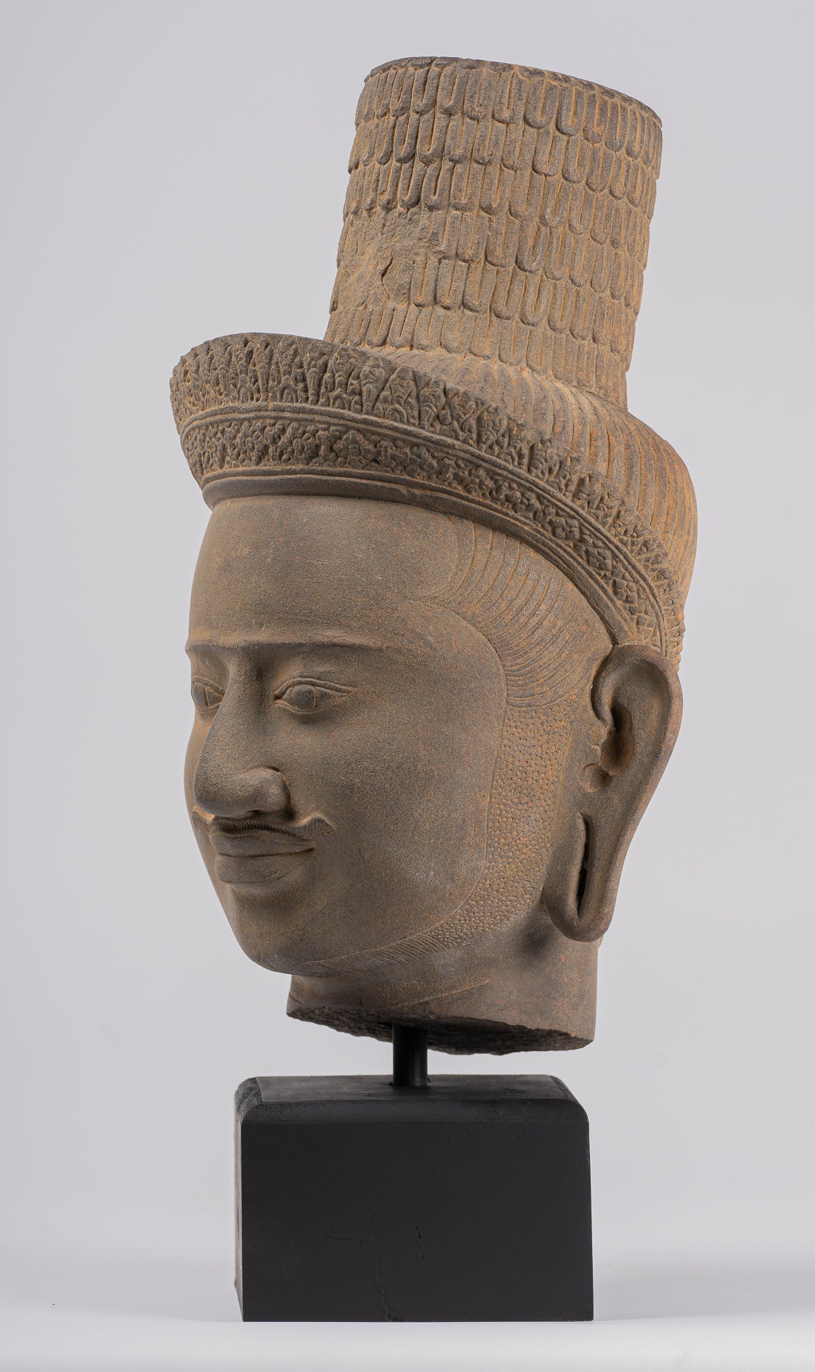 Vishnu Statue - Antique Koh Ker Style Stone Mounted Khmer Vishnu Head - 43cm / 17"