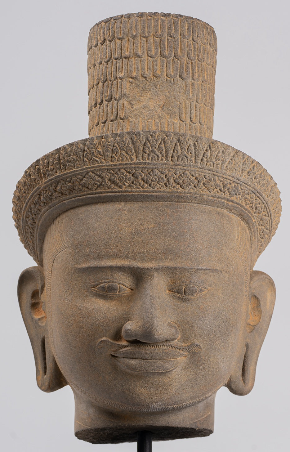 Vishnu Statue - Antique Koh Ker Style Stone Mounted Khmer Vishnu Head - 43cm / 17"