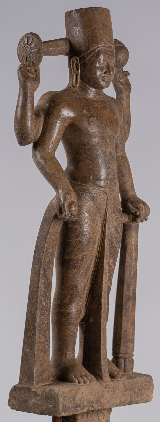 Vishnu Sculpture - Antique Pre-Angkor Style Mounted Sandstone Vishnu Statue - 91cm/36"