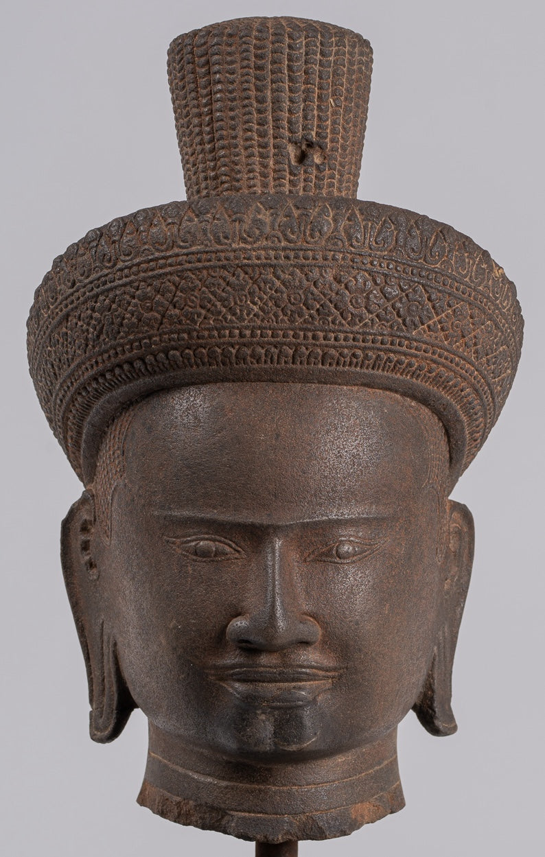 Vishnu Statue - Antique Koh Ker Style Stone Mounted Khmer Vishnu Head - 44cm / 18"