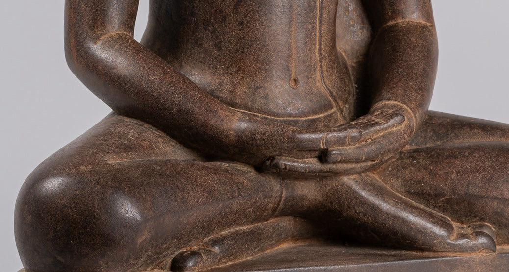 Large Buddha Statue - Antique Khmer Style Seated Stone Phnom Da Meditation Buddha Statue - 56cm/22"