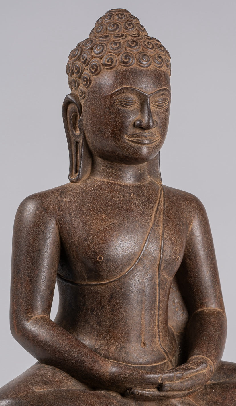 Large Buddha Statue - Antique Khmer Style Seated Stone Phnom Da Meditation Buddha Statue - 56cm/22"