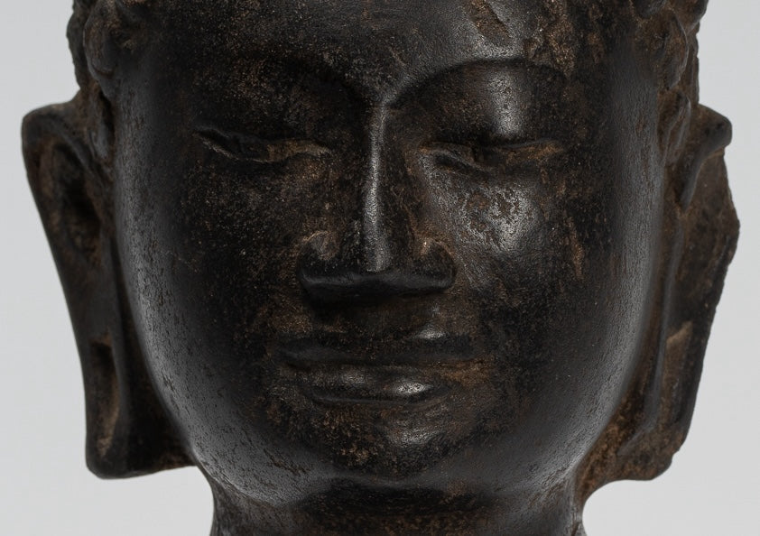 Buddha Statue - Antique Dvaravati Style Thai Stone Buddha Head Statue - 22cm/9"