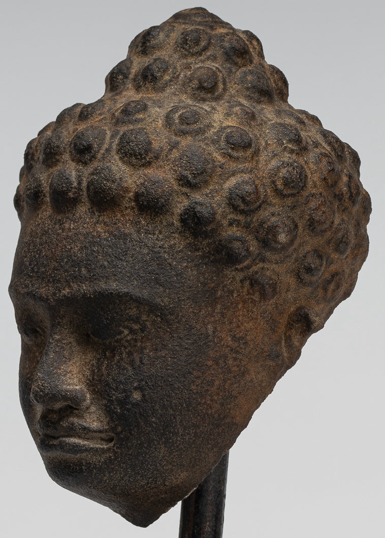 Stone Buddha Statue - Antique Khmer Style Stone Phnom Da Buddha Head - 23cm/9"