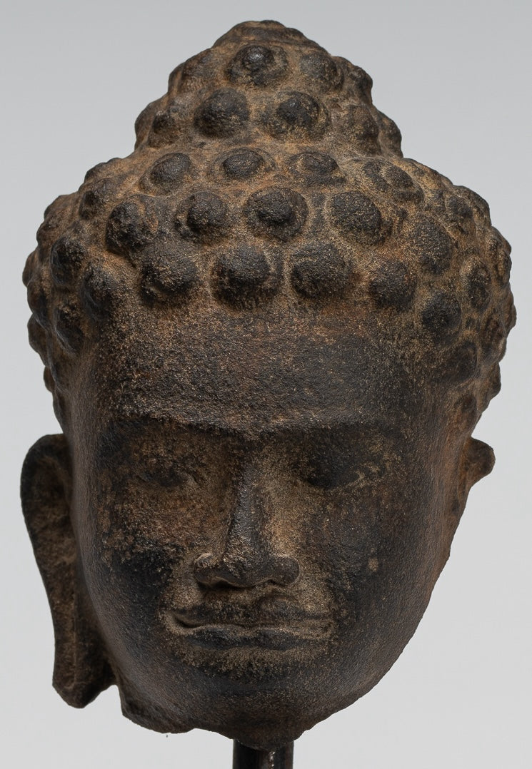 Stone Buddha Statue - Antique Khmer Style Stone Phnom Da Buddha Head - 23cm/9"