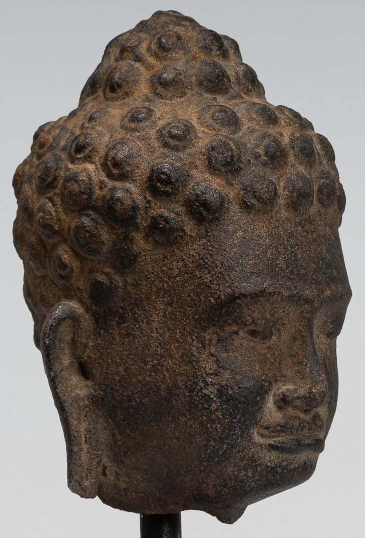 Stone Buddha Statue - Antique Khmer Style Stone Phnom Da Buddha Head - 23cm/9"