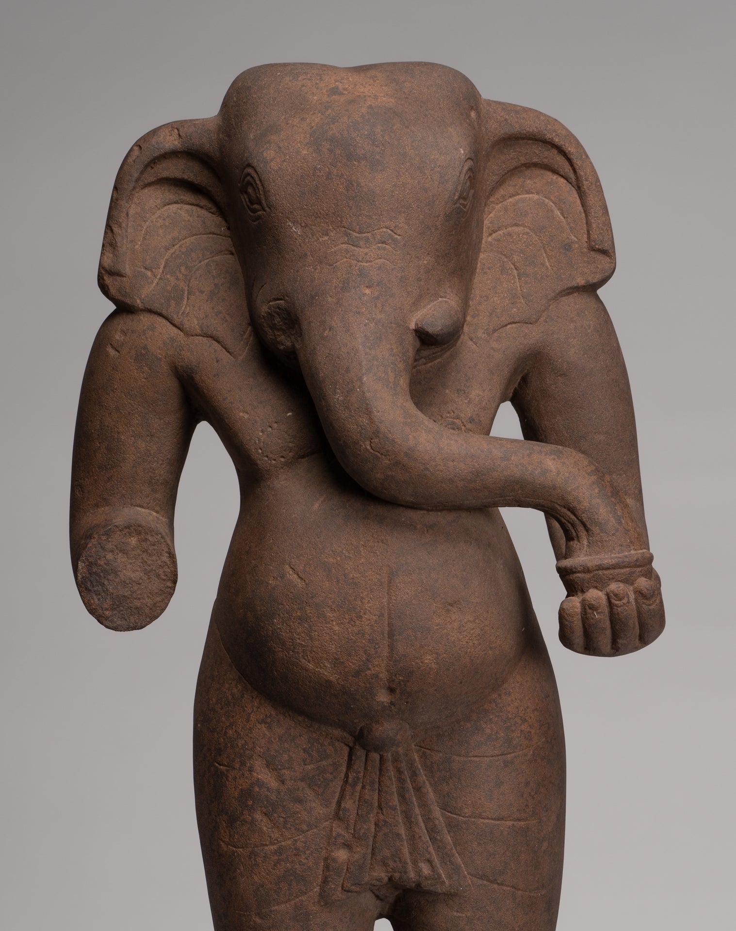 Ganesha Statue - Antique Vietnamese Style Stone Cham Mounted Ganesha Torso Statue - 67cm/27"