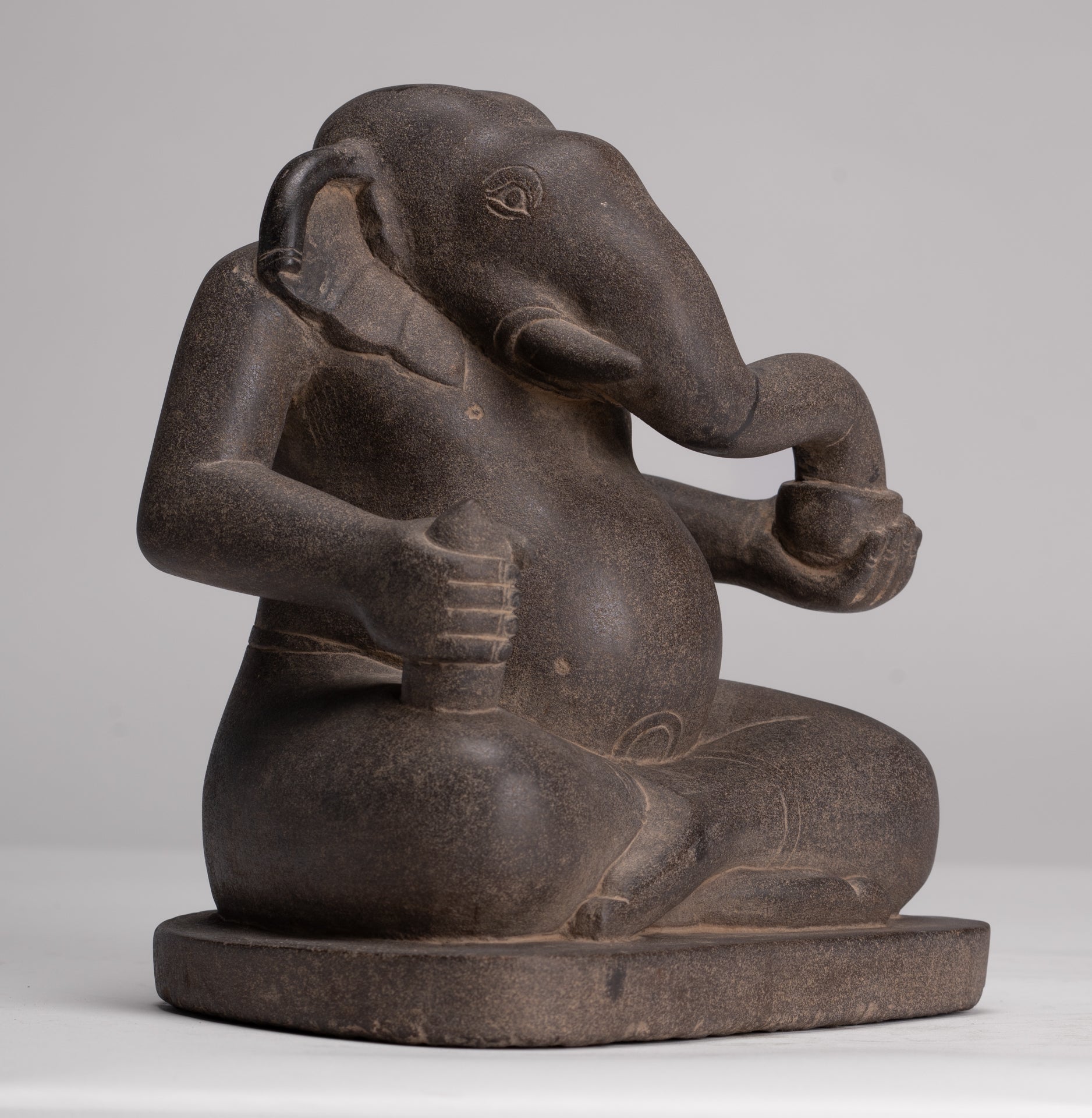 Antique Cham Style Vietnamese Seated Stone Ganesha Statue - 19cm/8"