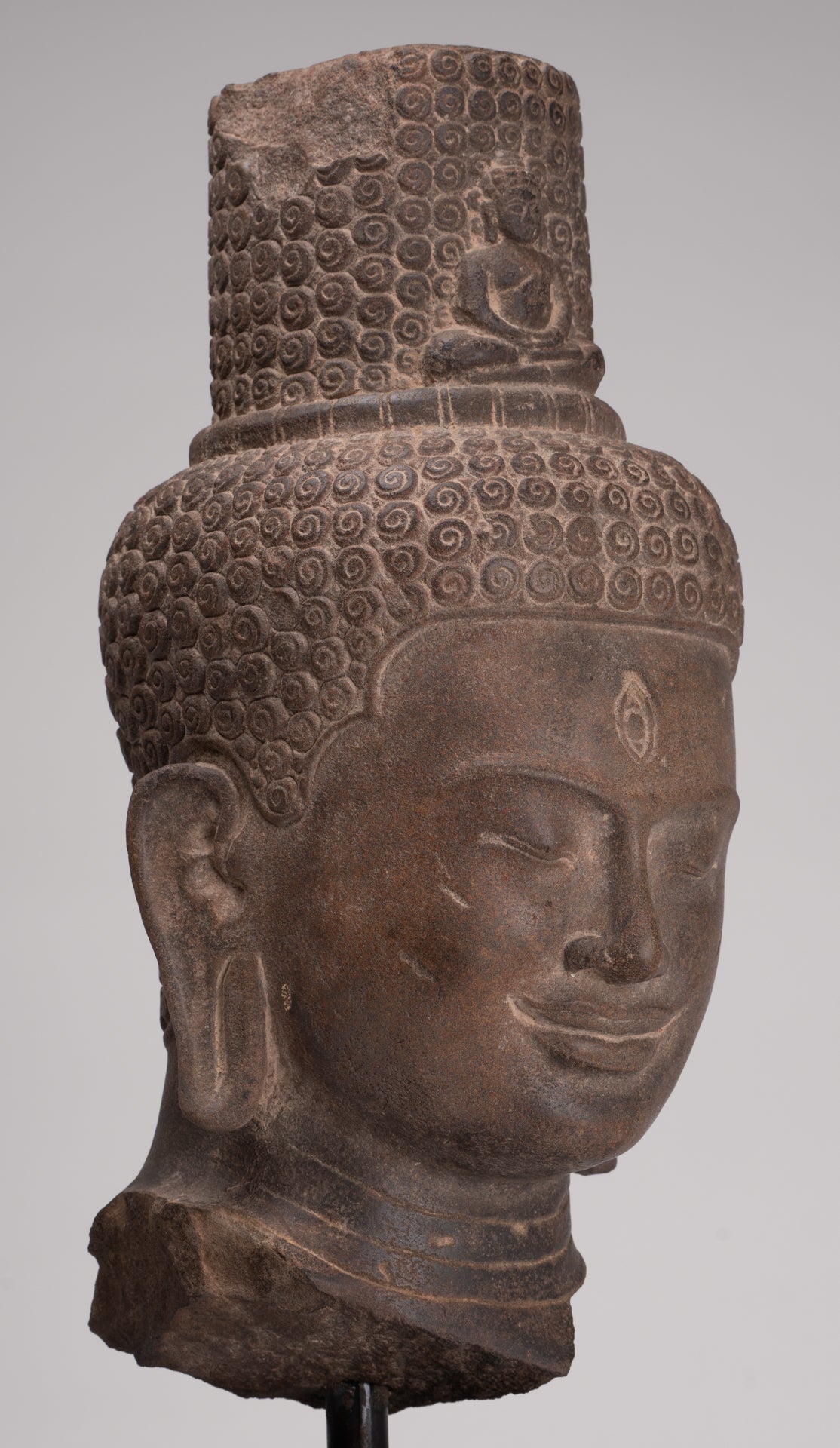 Lokeshvara Statue - Antique Khmer Style Mounted Stone Bayon Style Lokeshvara Head - 48cm/19"