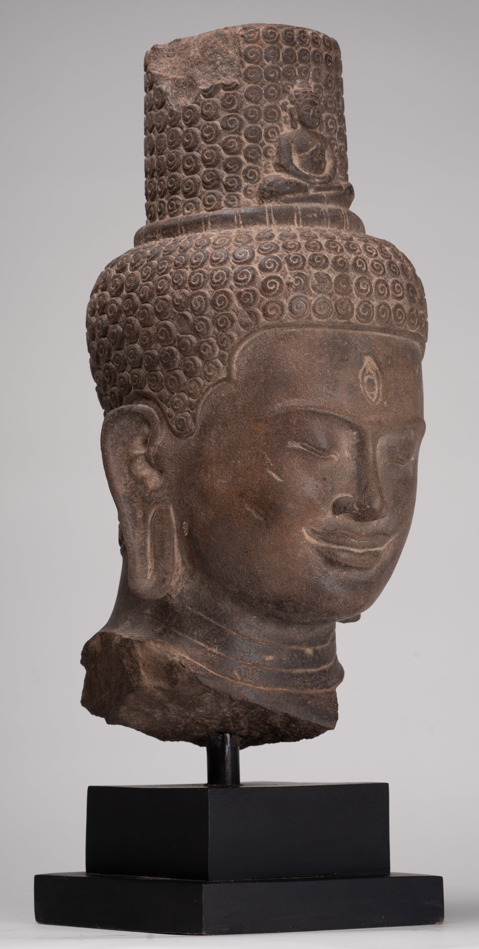 Lokeshvara Statue - Antique Khmer Style Mounted Stone Bayon Style Lokeshvara Head - 48cm/19"