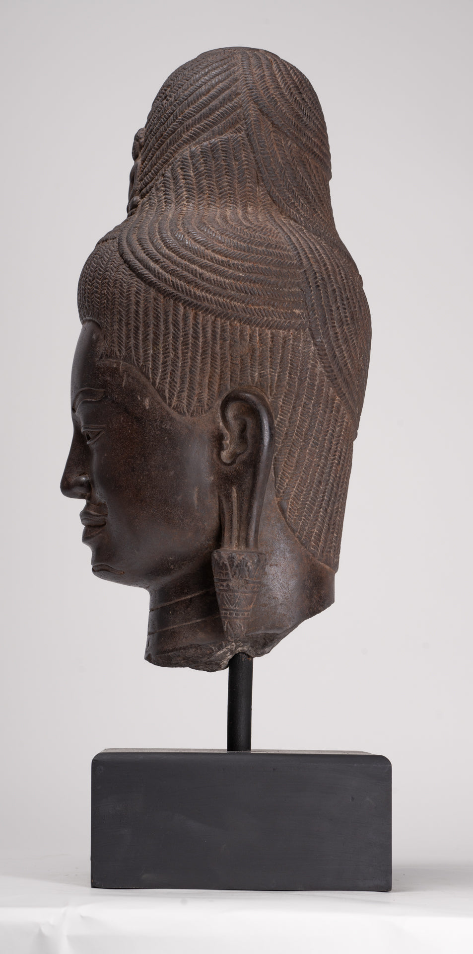 Lokeshvara Statue - Antique Khmer Style Mounted Stone Baphuon Style Lokeshvara Head - 55cm/22"