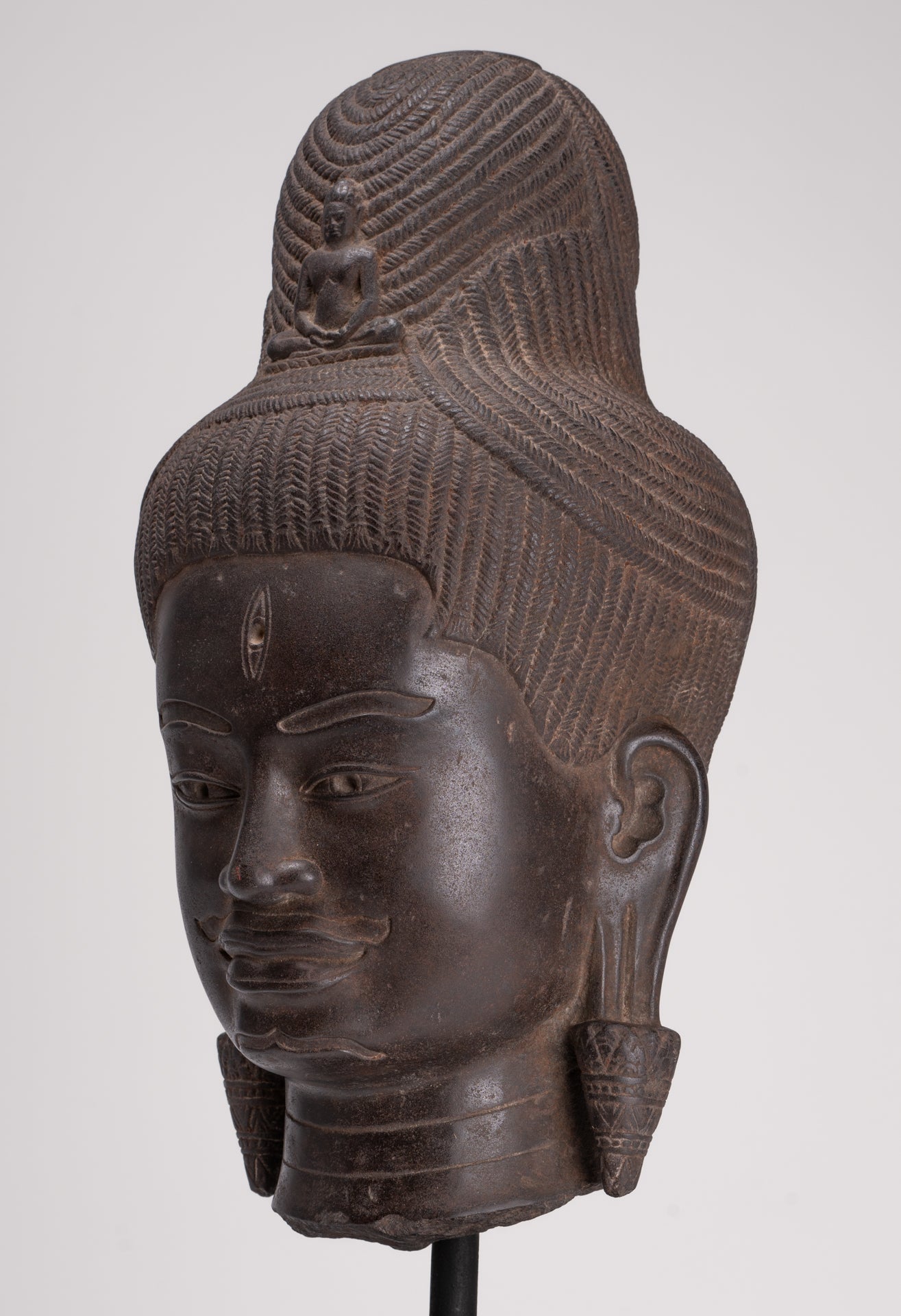 Lokeshvara Statue - Antique Khmer Style Mounted Stone Baphuon Style Lokeshvara Head - 55cm/22"