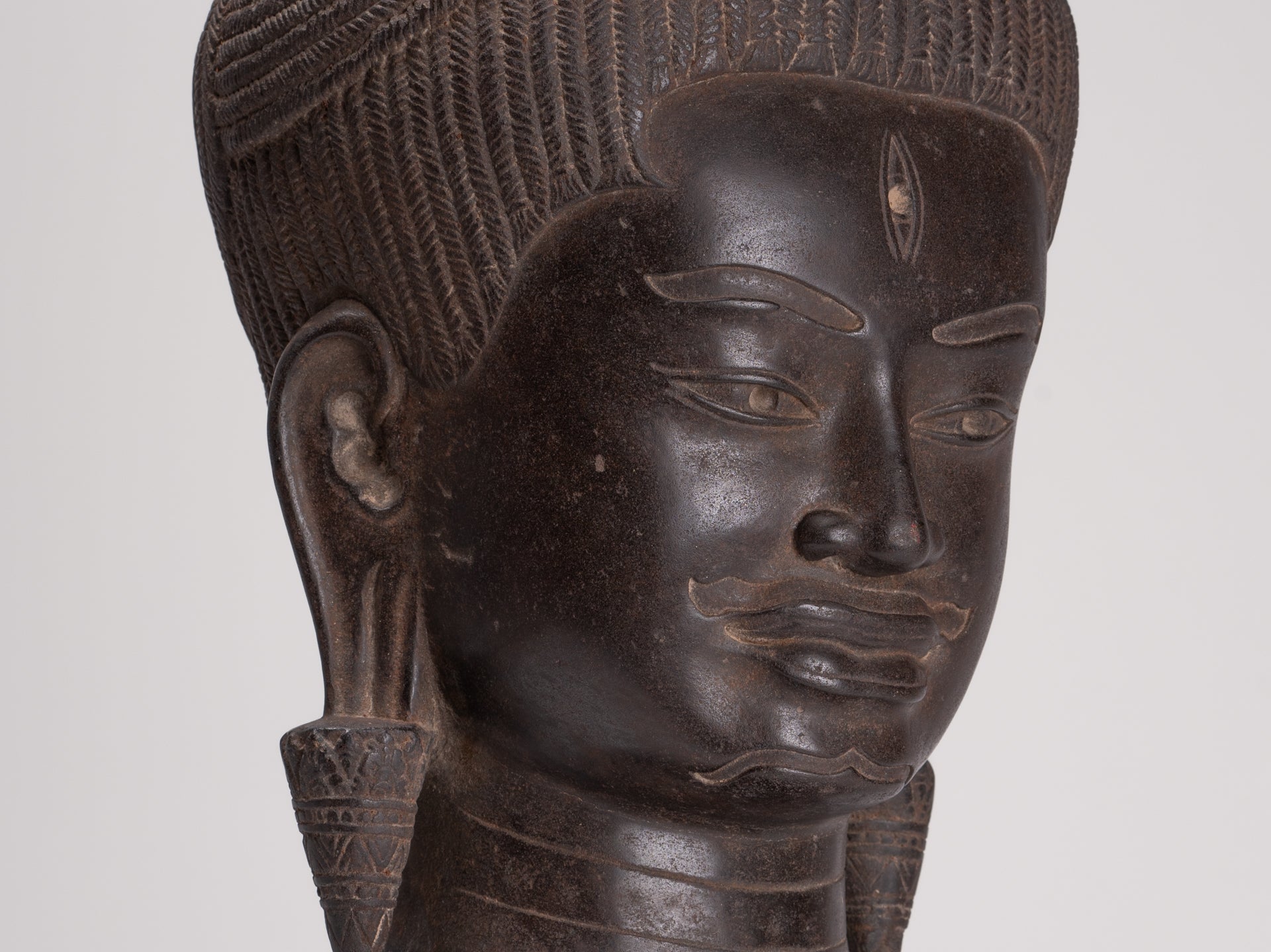 Lokeshvara Statue - Antique Khmer Style Mounted Stone Baphuon Style Lokeshvara Head - 55cm/22"