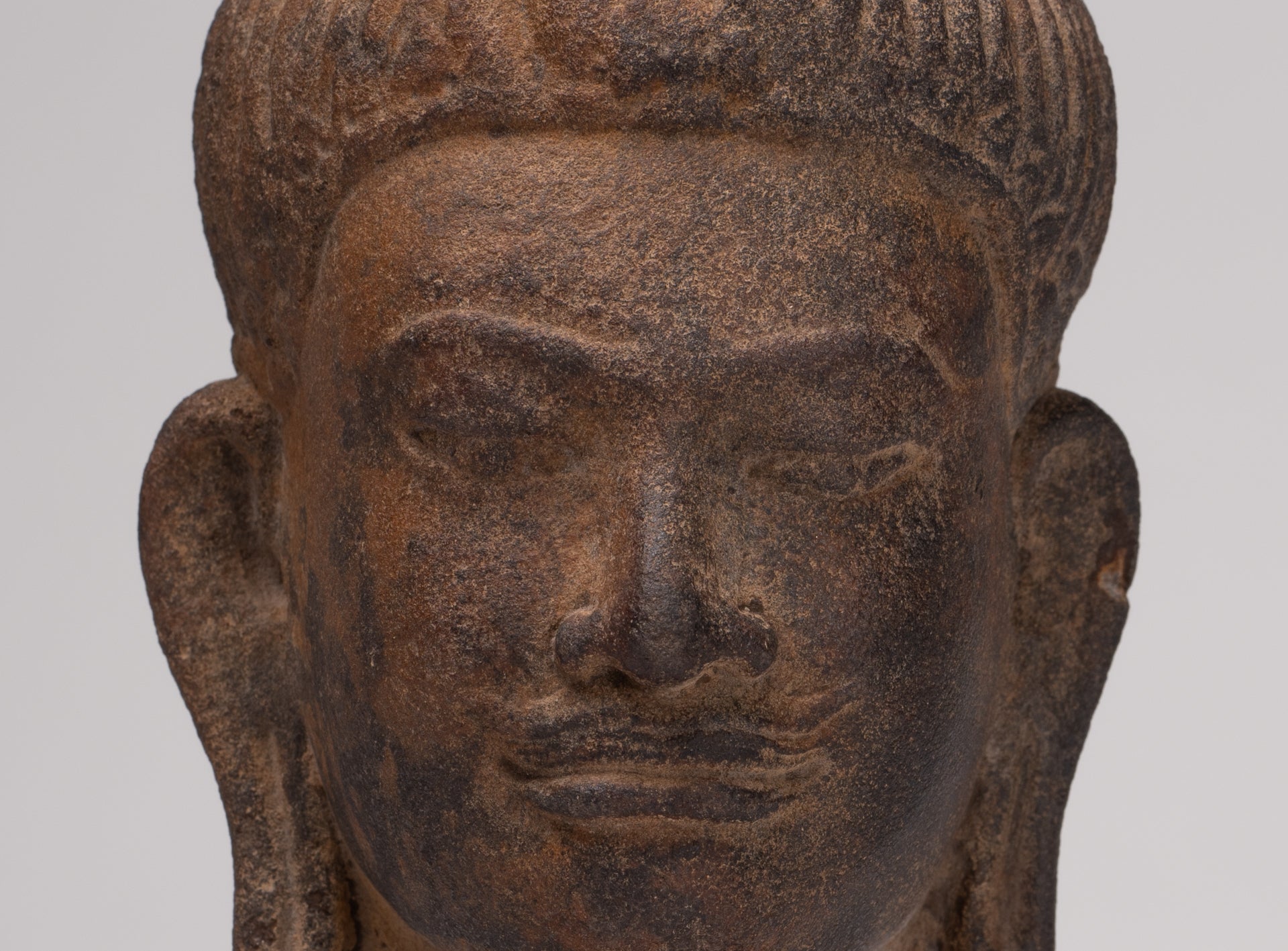 Vishnu Statue - Antique Prei Khmeng Style Stone Mounted Khmer Vishnu Head - 25cm / 10"