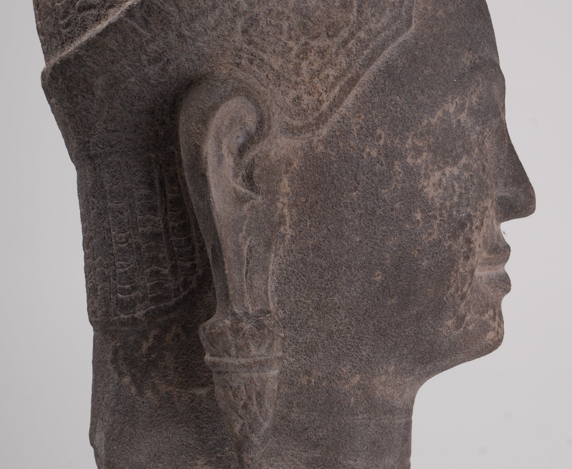 Jayavarman Statue - Antique Khmer Style Mounted Stone Jayavarman VII Head Statue - 53cm/21"