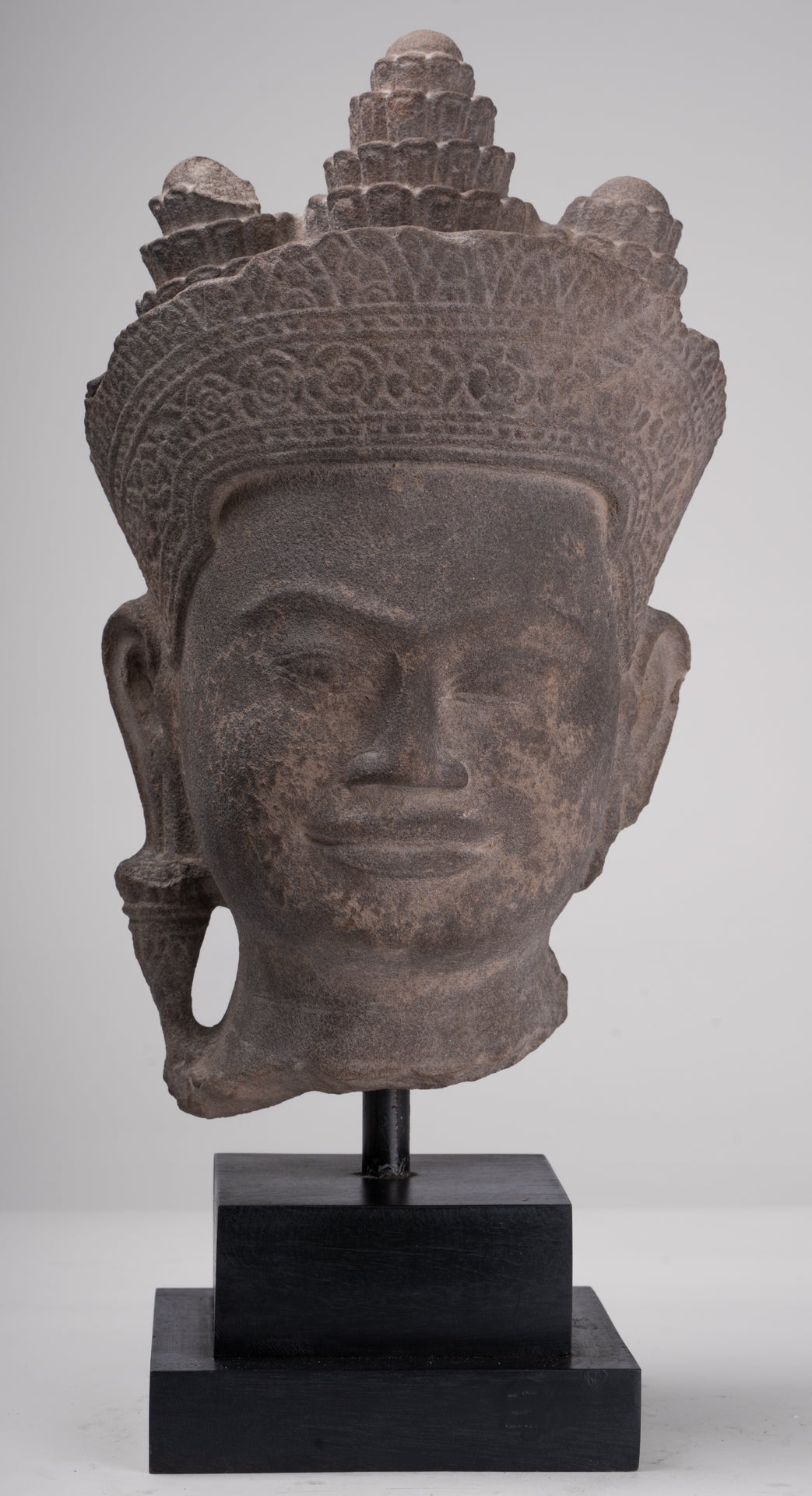 Jayavarman Statue - Antique Khmer Style Mounted Stone Jayavarman VII Head Statue - 53cm/21"