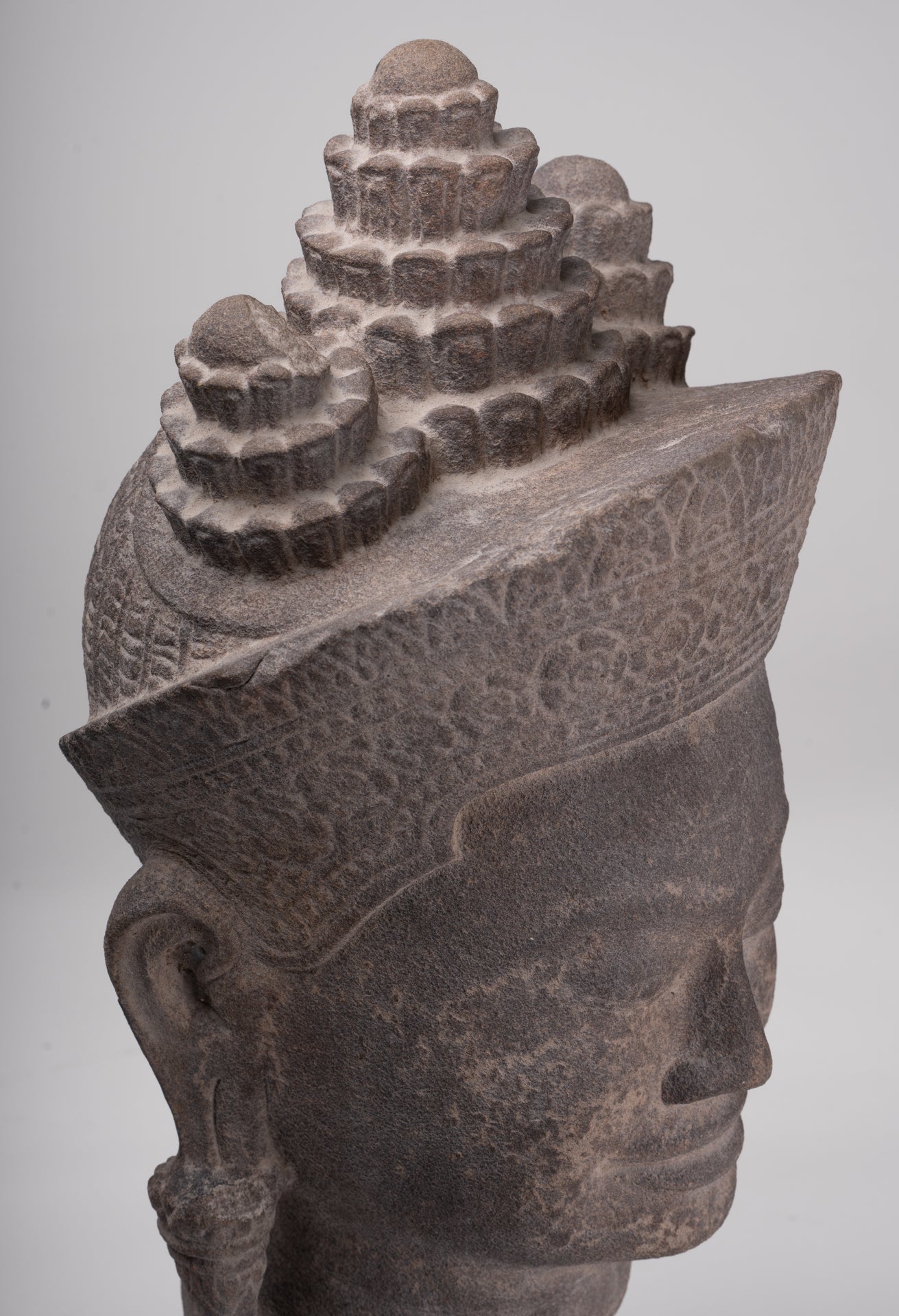 Jayavarman Statue - Antique Khmer Style Mounted Stone Jayavarman VII Head Statue - 53cm/21"