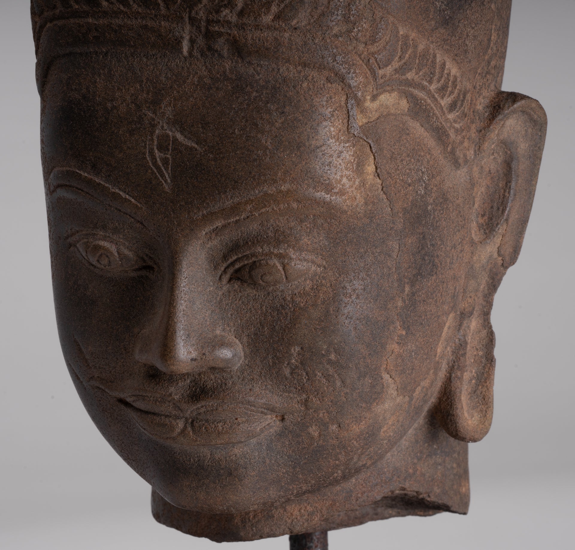 HariHara Statue - Antique Phnom Da Style Stone Khmer Hari Hara or Vishnu & Shiva Head - 43cm/17"
