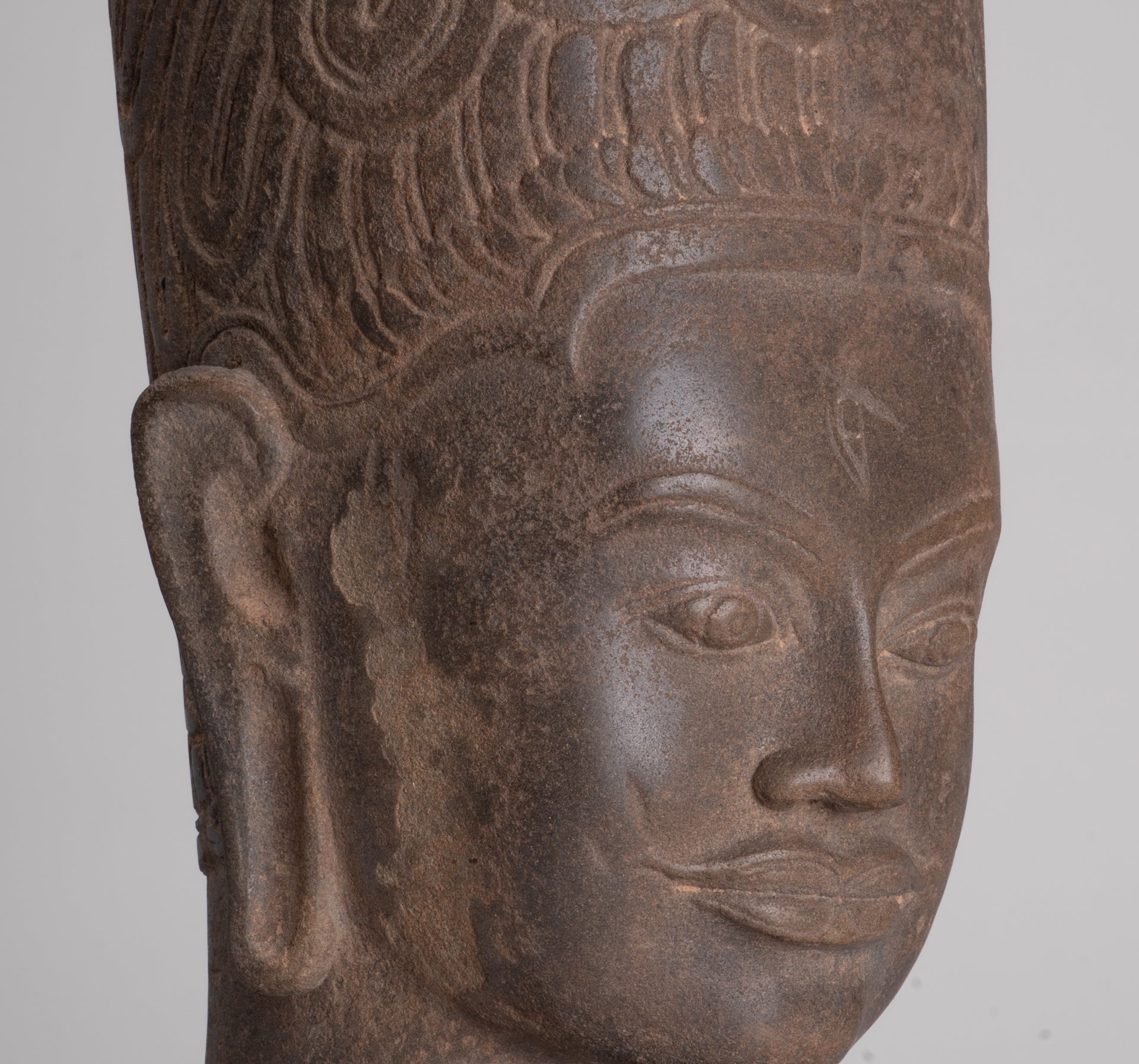 HariHara Statue - Antique Phnom Da Style Stone Khmer Hari Hara or Vishnu & Shiva Head - 43cm/17"