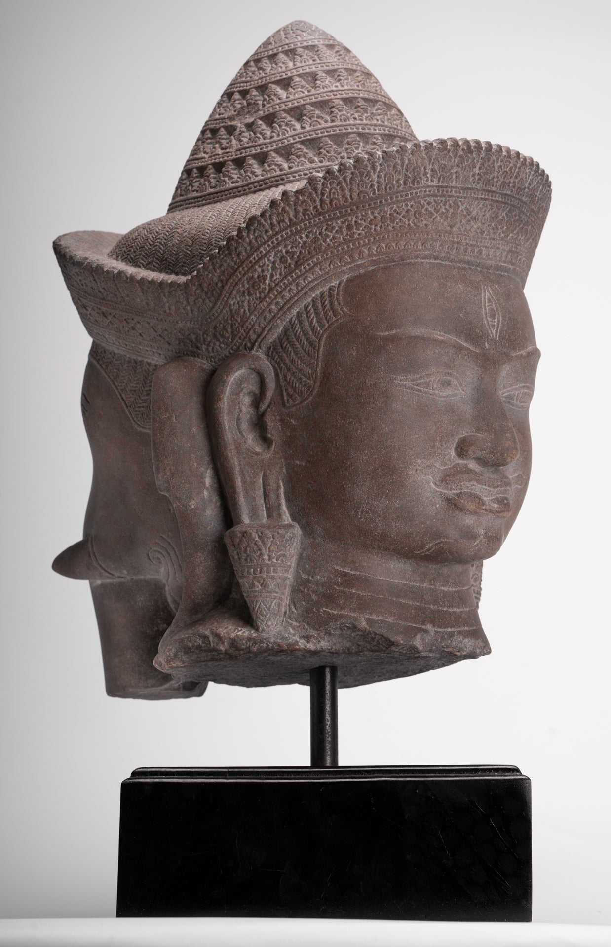 Shiva Ganesha Statue - Antique Banteay Srei Style Khmer Stone Shiva & Ganesha Statue Head - 54cm/22"