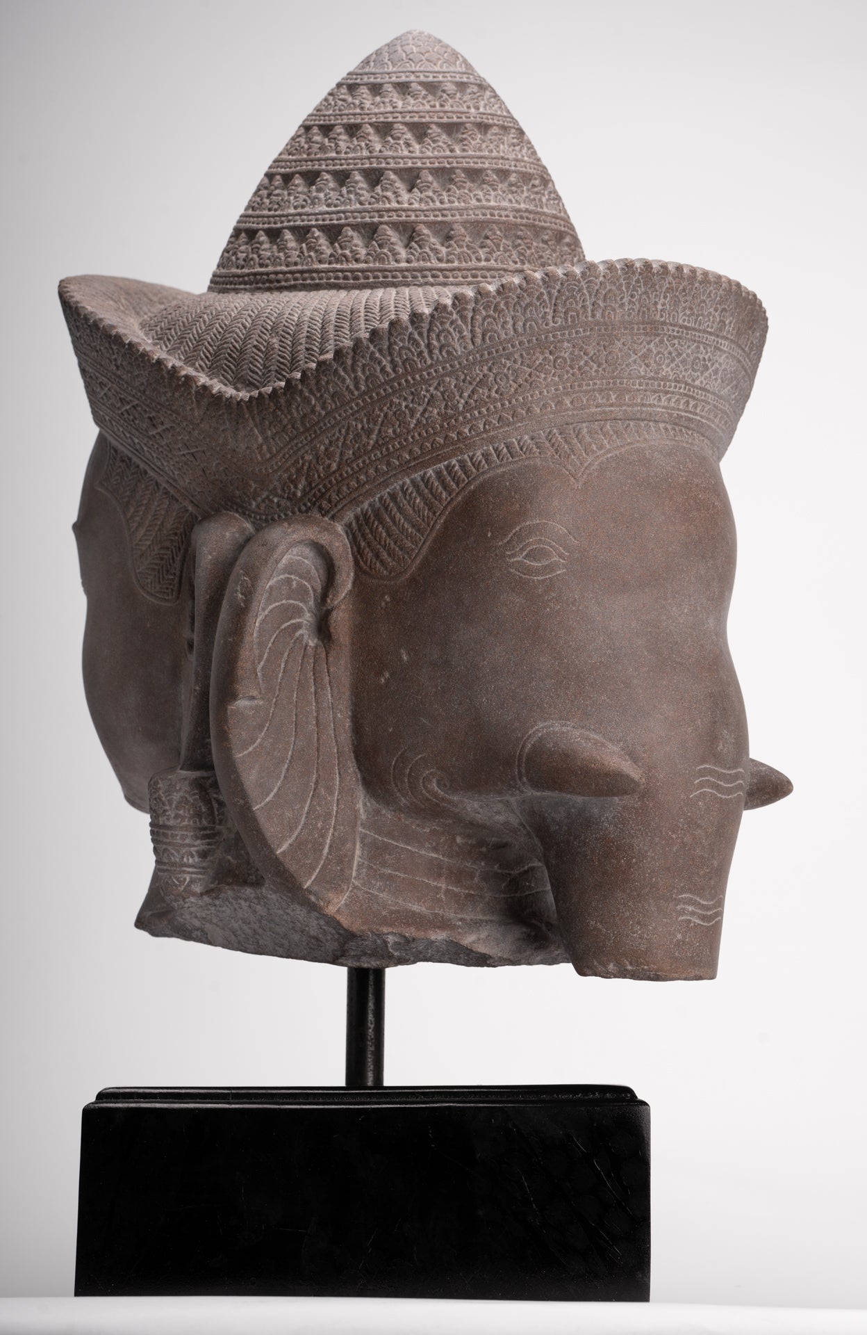 Shiva Ganesha Statue - Antique Banteay Srei Style Khmer Stone Shiva & Ganesha Statue Head - 54cm/22"