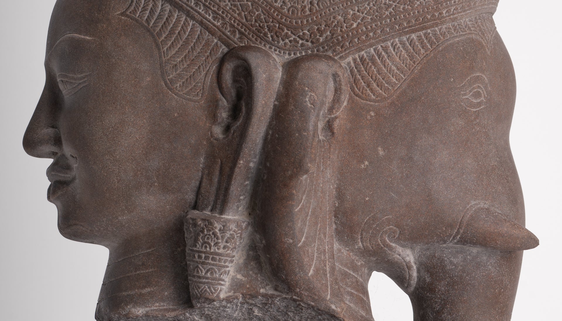 Shiva Ganesha Statue - Antique Banteay Srei Style Khmer Stone Shiva & Ganesha Statue Head - 54cm/22"