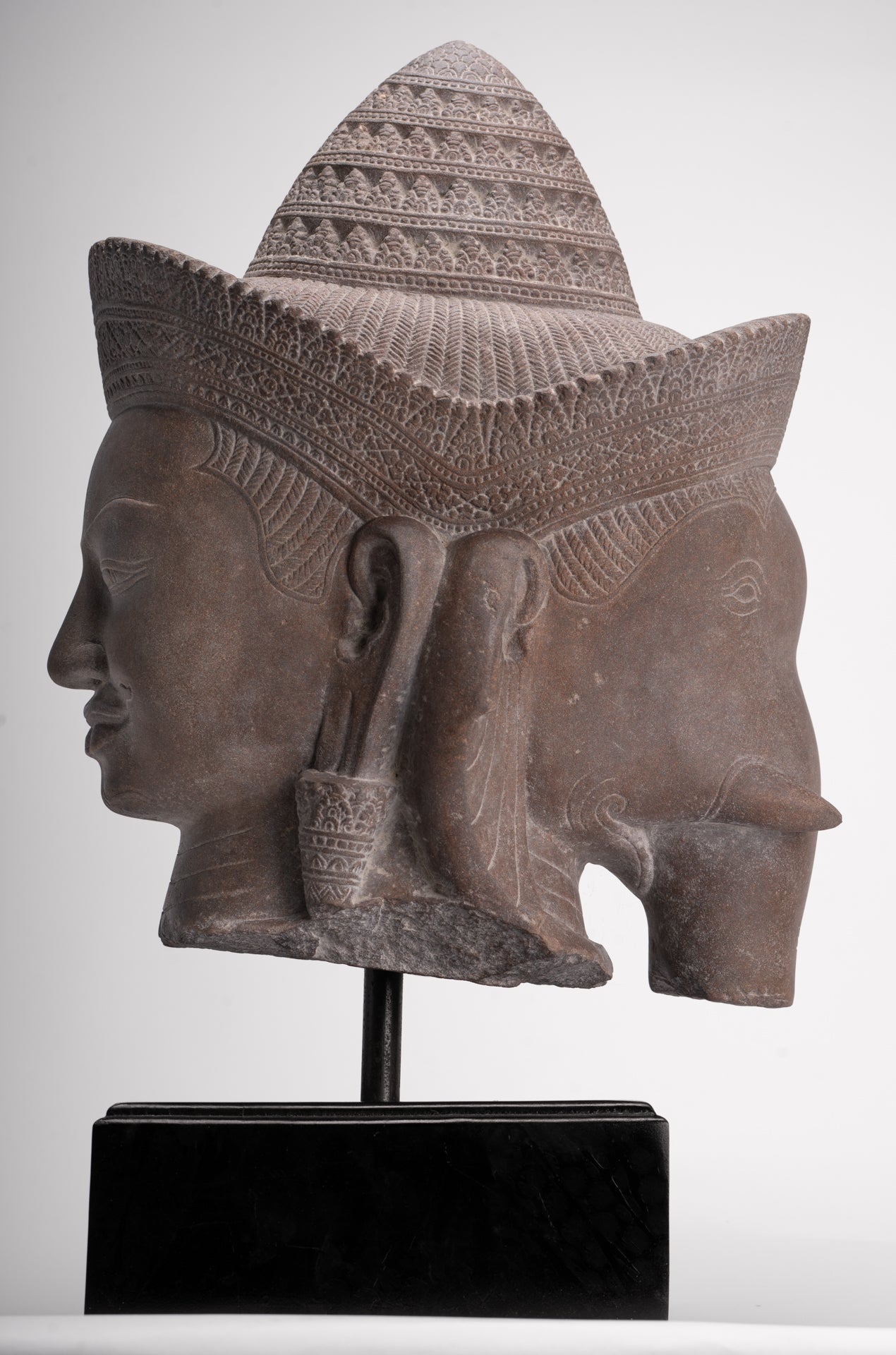 Shiva Ganesha Statue - Antique Banteay Srei Style Khmer Stone Shiva & Ganesha Statue Head - 54cm/22"