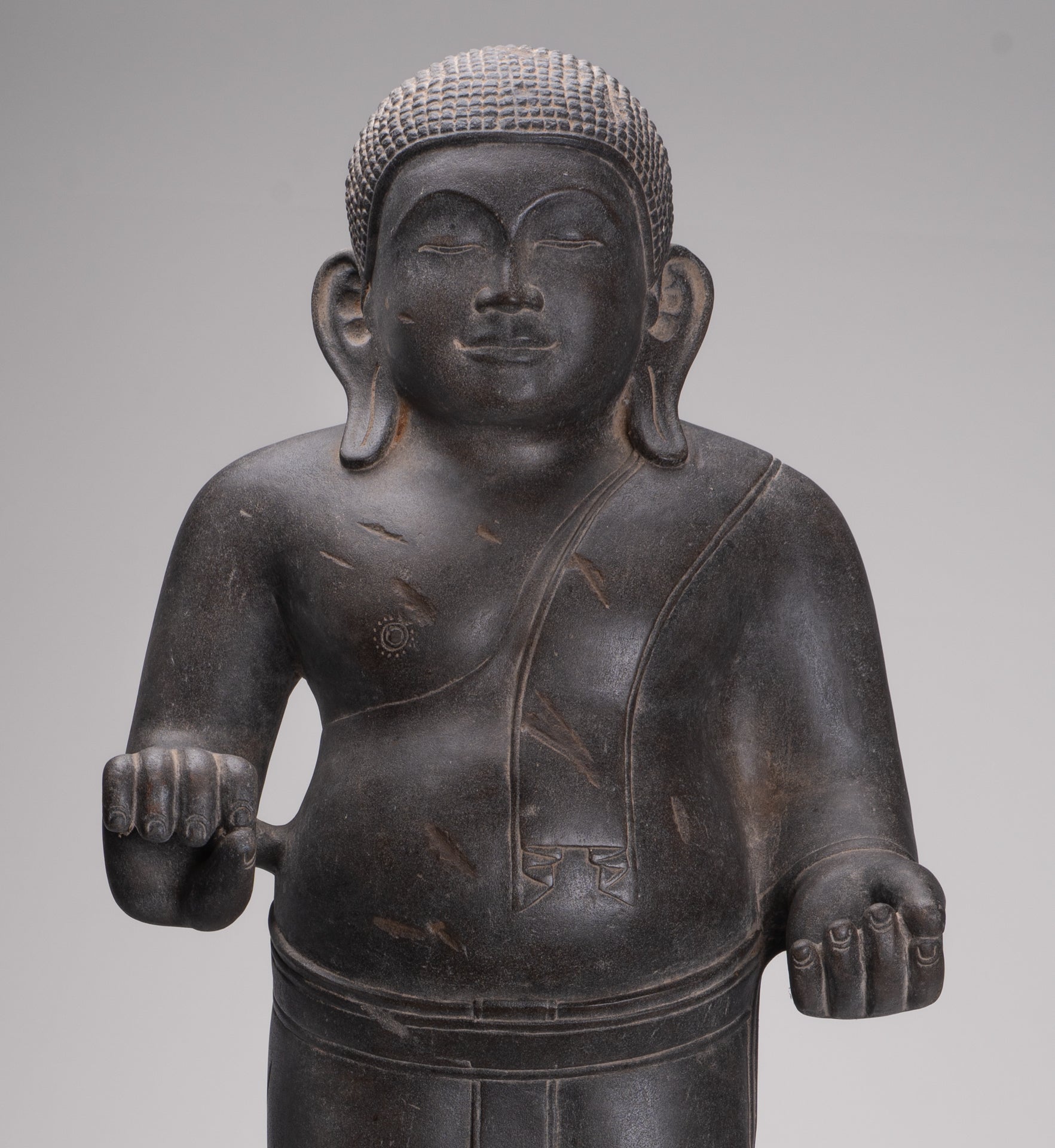 Smiling Monk Statue - Antique Thai Style Stone Phra Sangkachai Monk Statue - 99cm/40"