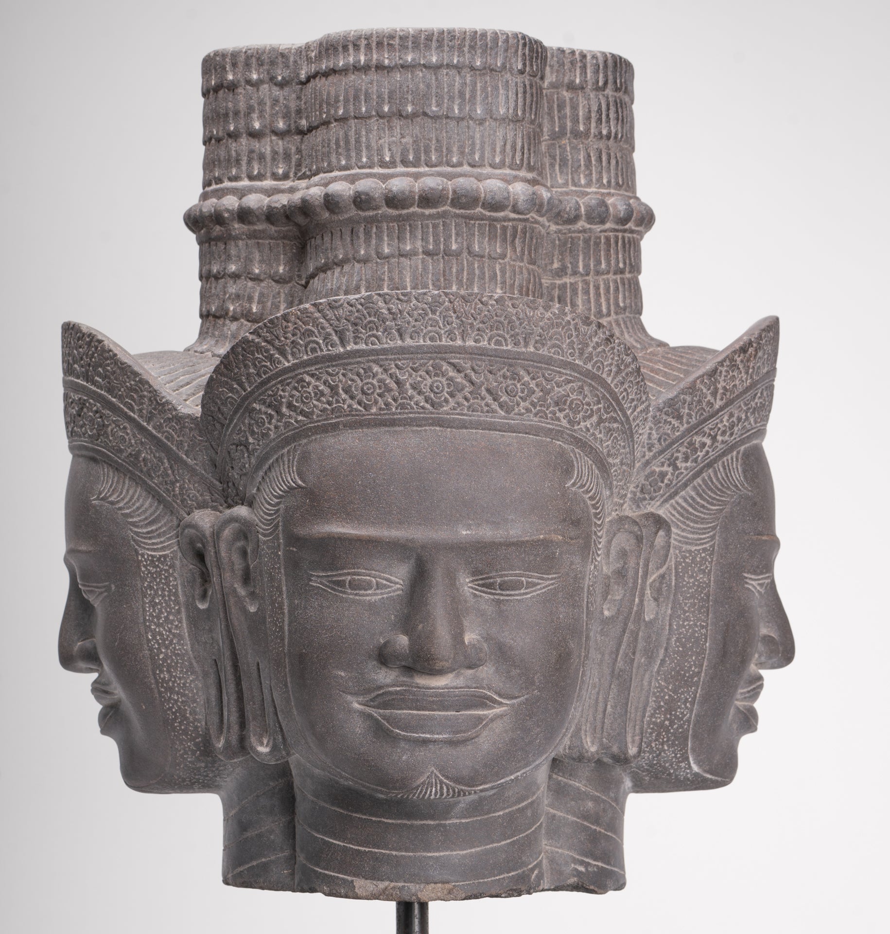 Brahma Statue - Antique Khmer Style Koh Ker Mounted Stone Brahma Head - Hindu God Creation - 60cm/24"