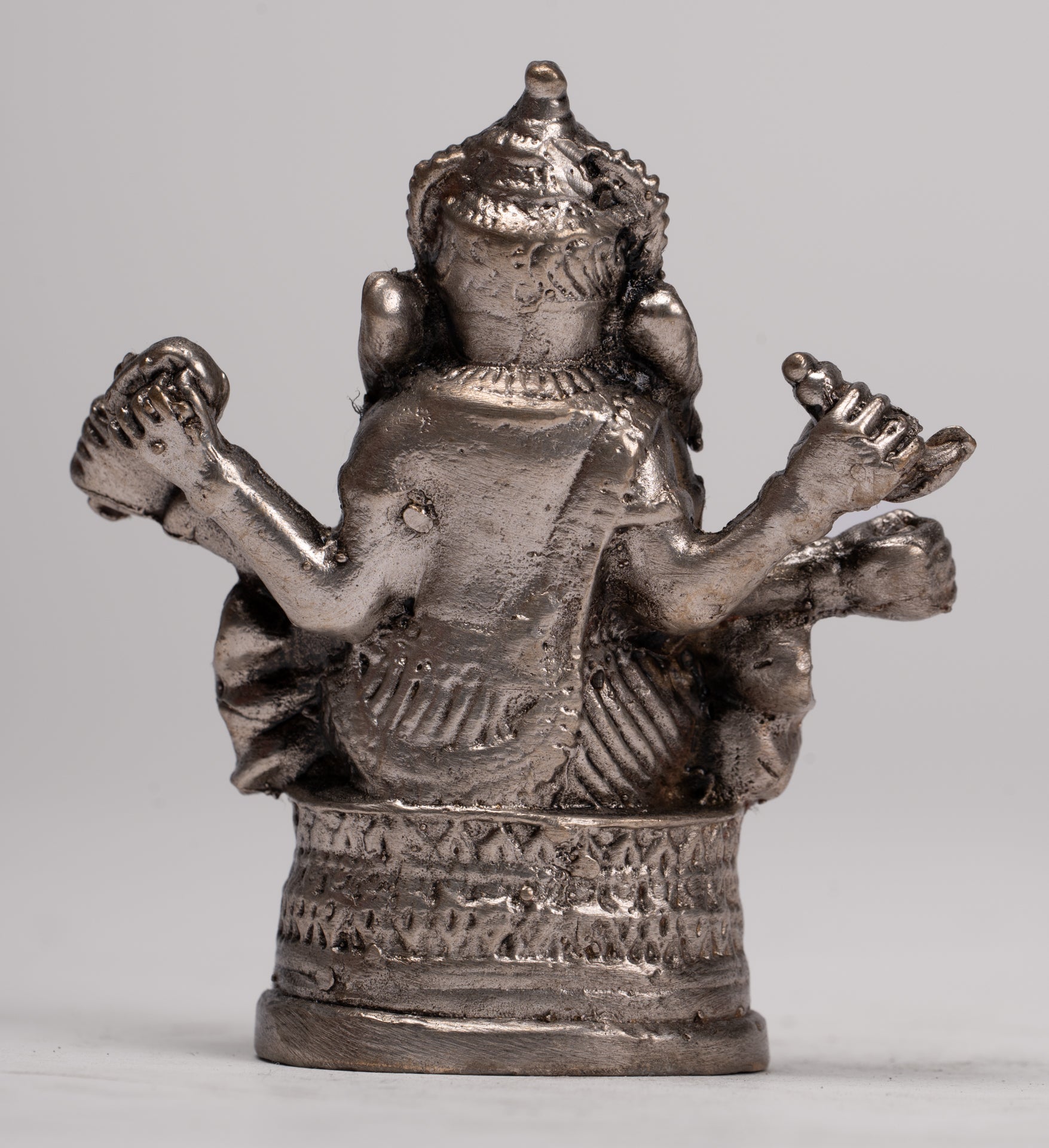 Ganesha Statue - Antique Thai Style Bronze Seated Silver Ganesha Statue - 8cm/3"