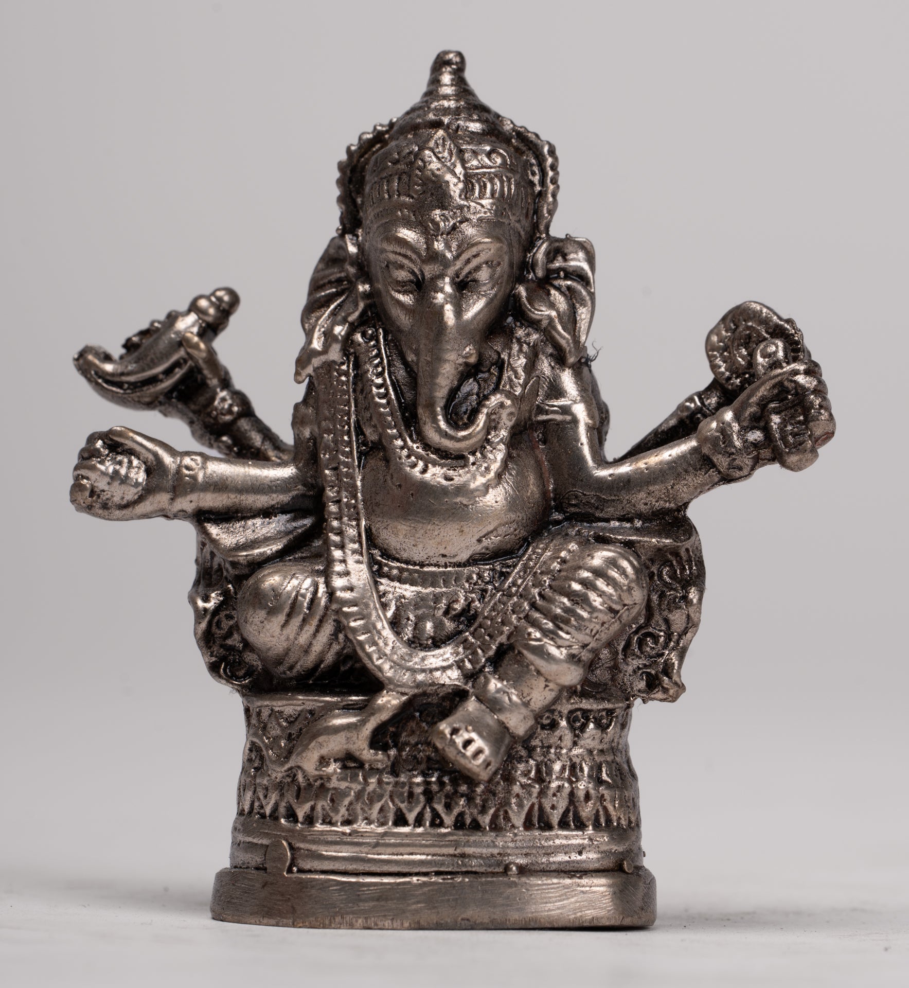 Ganesha Statue - Antique Thai Style Bronze Seated Silver Ganesha Statue - 8cm/3"