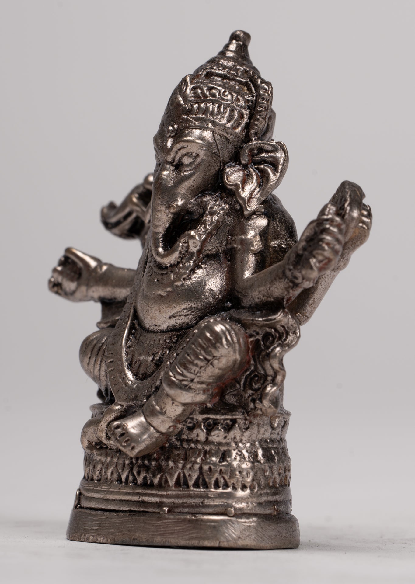 Ganesha Statue - Antique Thai Style Bronze Seated Silver Ganesha Statue - 8cm/3"